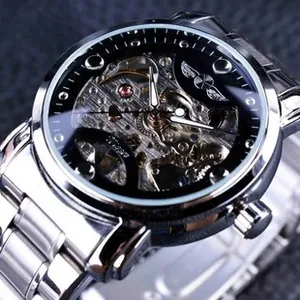 Macro detail of men's silver stainless steel watch with hollow mechanical movement