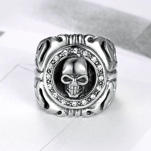 Men Skull Ring Stainless Steel Personalized Gothic Punk Jewelry With White Rhinestone Inlay For Casual Party