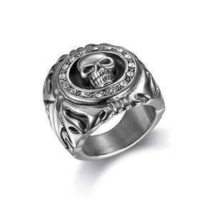 Punk style stainless steel skull ring with white rhinestones and vintage silver finish