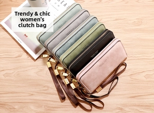 Detail view of long zipper wallets in various Morandi colors with wrist straps