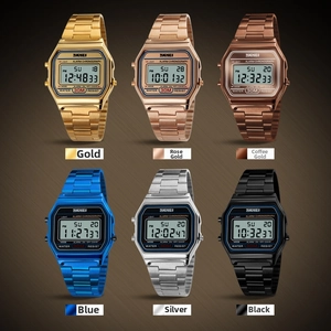 Vista a griglia di vari orologi digitali quadrati con cinturini in metallo e display digitali
