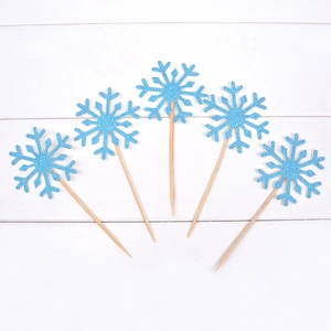 Décorations de gâteau flocon de neige bleu pailleté avec bâtons en bois de Noël
