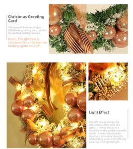 Detail of flocked Christmas wreath with champagne gold ornaments and LED ribbon lights