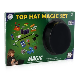 Black magician top hat magic set for kids with 65 props and magic wand on white background