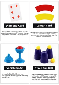 Detail of magic set showing cards, illusion cards, blue cups, and yellow balls for performance