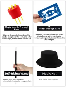 Detail of magic set showing magician top hat, magic wand, and illusion props kit