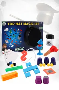 Detailed top hat magic set for kids with 65 diverse props and professional accessories