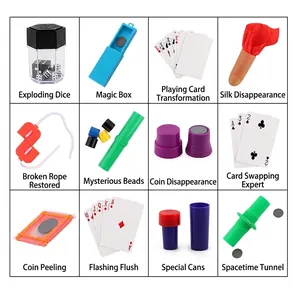 Complete 12-piece magician costume set with black top hat and assorted magic props
