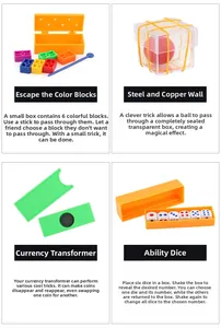 Macro detail of magic trick set components including colored blocks and dice for beginners