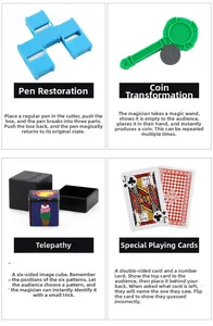 Detailed view of magic kit components including dice, magic wand, cards and trick props