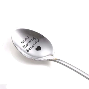 Stainless steel long handle spoon engraved with Good Morning Beautiful and heart icon