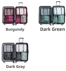 Close-up of 7-piece travel organizer set with mesh bags and waterproof laundry pouches