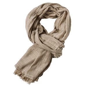 Men's light brown woven scarf with elegant jacquard texture and fringed edges on white back