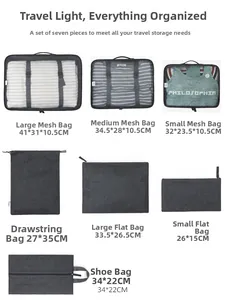 Detailed size specifications for 7-piece grey travel organizer set with mesh and shoe bags