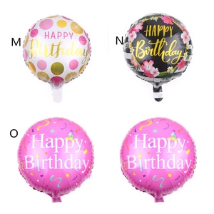 18-inch round Happy Birthday foil balloons in various festive dot and floral patterns