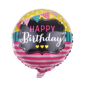 18-inch colorful round Happy Birthday foil balloon with stripes and polka dots pattern