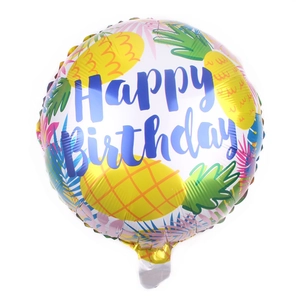 18-inch round Happy Birthday foil balloon with tropical pineapple and leaf patterns