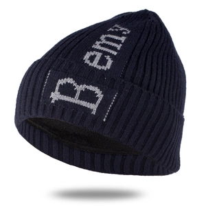 Navy blue winter beanie with fleece lining and Bamy letter embroidery for warm outdoor wear