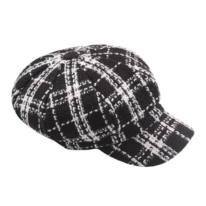 Classic black and white checkered newsboy hat with retro wool knit design and short brim