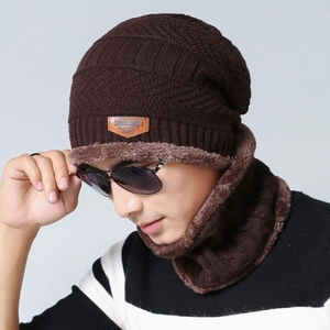 Men's winter knit beanie and neck warmer set with warm fleece lining in dark brown