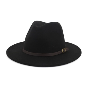 Detailed close-up of a black wool fedora featuring a brown leather band and metallic buckle