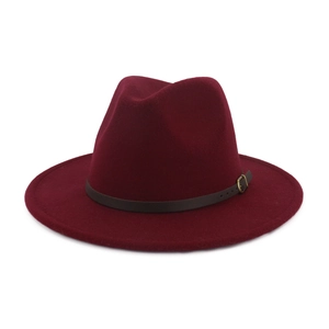 Classic burgundy wool fedora hat with wide brim and brown leather belt buckle strap