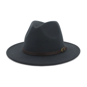 Close-up of charcoal grey wool fedora hat featuring a brown faux leather belt with metal buckle