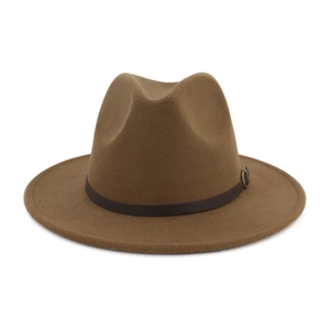 Detailed view of a brown wool fedora hat featuring a leather band and gold metal buckle