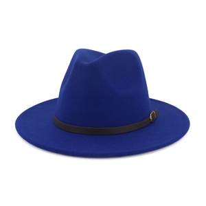 Detail of royal blue fedora hat with a brown leather strap and gold metallic buckle