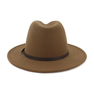 Detail of brown wool fedora hat featuring a wide brim and dark brown buckled leather band