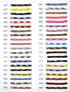 Detailed catalog of colorful braided anchor bracelets showing 40 different cord patterns