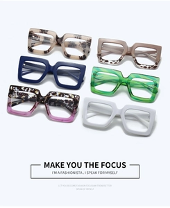 Detailed grid of oversized square blue light glasses in various colors and tortoiseshell patterns