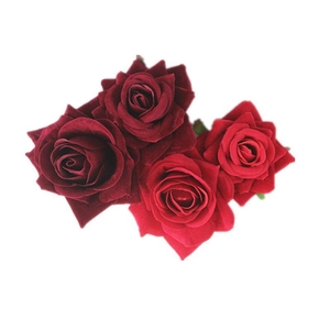 Detailed view of four dark red and bright red velvet roses for bridal hair styling