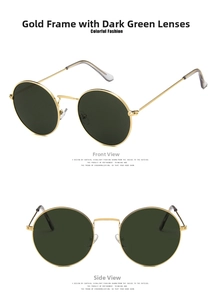 Detail view of retro round metal sunglasses with gold frame and dark green lenses