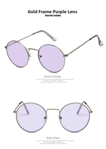 Detailed views of vintage round metal sunglasses with gold frames and lavender tinted lenses