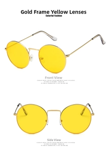 Detailed views of vintage round gold metal sunglasses with bright yellow ocean lenses