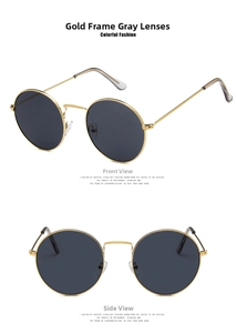 Detailed front and side views of round gold frame sunglasses with gray lenses