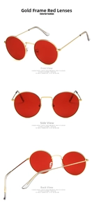 Three angles of retro round gold metal sunglasses with vibrant red oceanic lenses