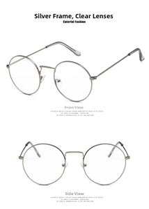 Detail view showing front and 3/4 side profiles of retro silver round metal frame glasses