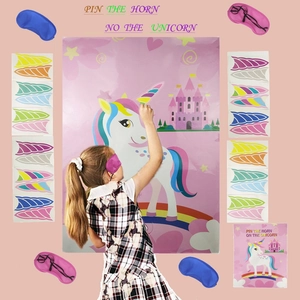 Interactive pin the horn on the unicorn game set with poster, stickers, and eye masks