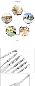 Detail of stainless steel BBQ spatula and tongs with hollow design and hanging hooks