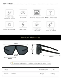 Detailed size chart and technical specifications for UV400 cycling sports sunglasses