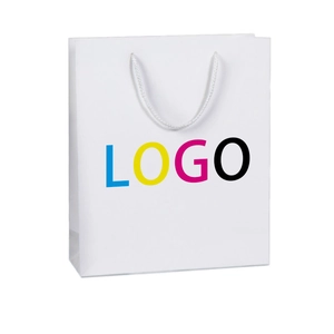 Vertical white paper gift bag with braided handles and colorful printed custom logo