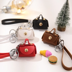 Mini Handbag Keychain PU Leather Coin Purse Small Earphone Organizer Bag Charm With Metal Snap Button Hand Strap Fashion