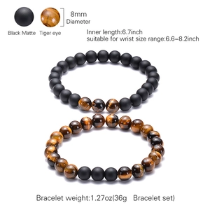 8mm Tiger Eye and Matte Black Stone couple bracelets set shown in a stacked vertical view