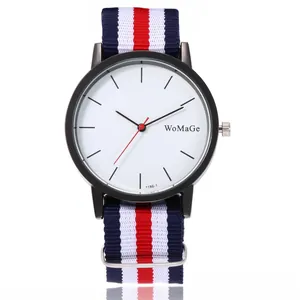 Detail of a minimalist black quartz watch featuring a tricolor nylon NATO style strap