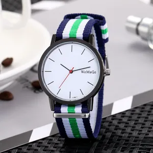 Detail of minimalist white dial watch with tricolor nylon strap and black metal case