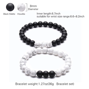 Detailed specs for 8mm tiger eye and matte stone couple bracelets set on white background