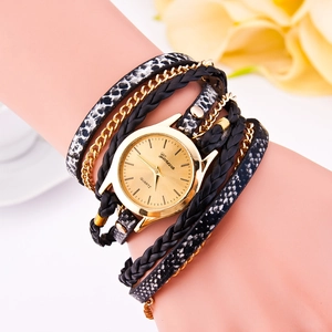 Women's quartz leopard print wrap bracelet watch with gold dial and braided leather band