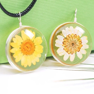 Handmade clear crystal pendant necklace with real yellow and white dried flowers inside